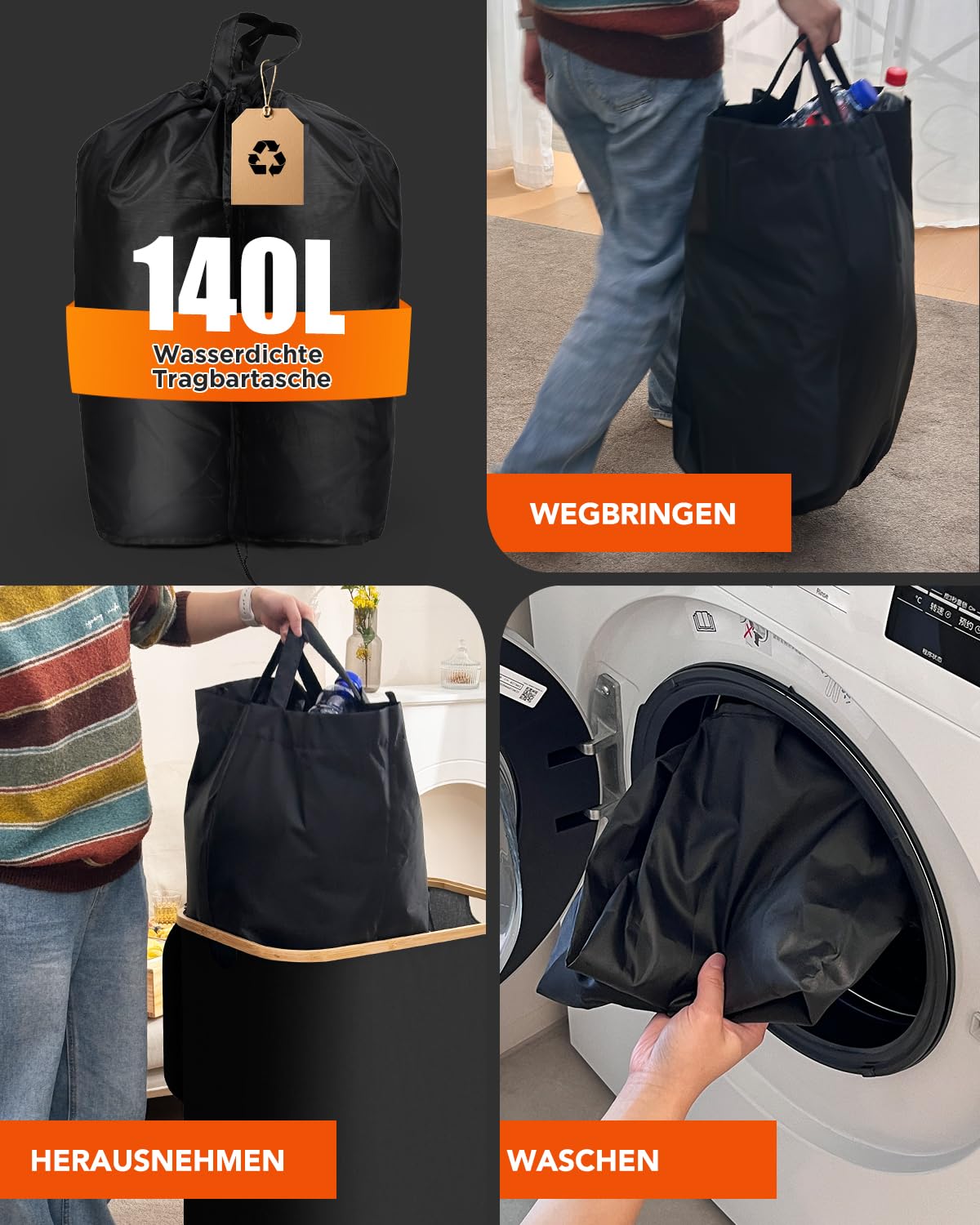 SOUTHGATE Deposit Bottle Collection Bin with 2 compartments, 140L deposit bin, suitable for empties and old glass storage with hole [including 2 XXL carrying bags], trash can with lid for kitchen & storage room, Black