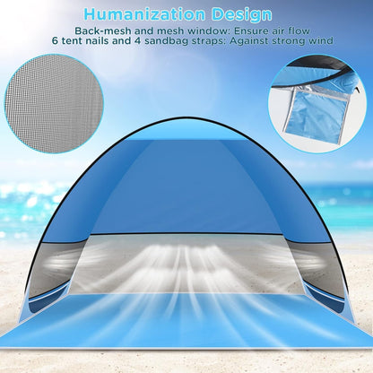 Beach tent Pop Up, Portable Extra Light Automatic Sun Shelter UPF 50+ for 3-4 people Family Sunshade Beach Camping, Hiking, Garden.