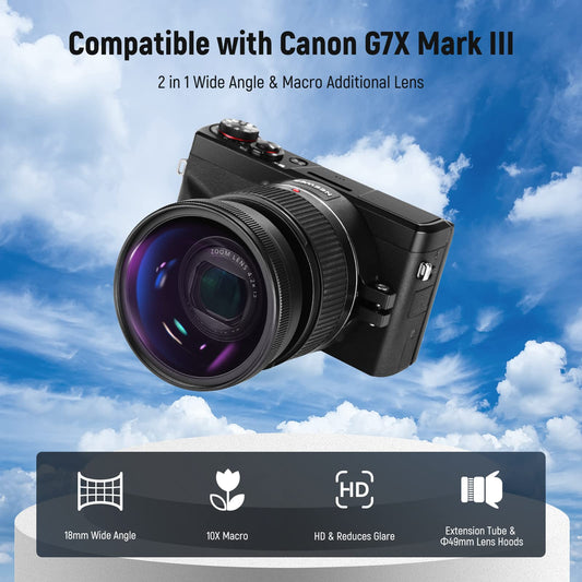 NEEWER wide angle lens compatible with Canon G7X Mark III camera, 2 in 1 18mm wide angle & 10x macro attachment lens with extension tube, bayonet, cleaning cloth.