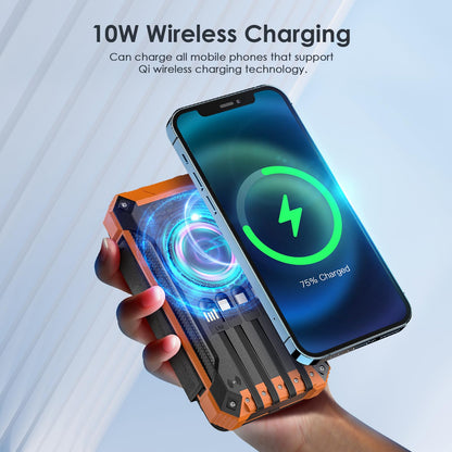 Sckolaink Solar Powerbank, 32000mAh with 4 charging cables, wireless charging, USB/Type-C input, 2 outputs, LED flashlight. Solar charger for phones and tablets.