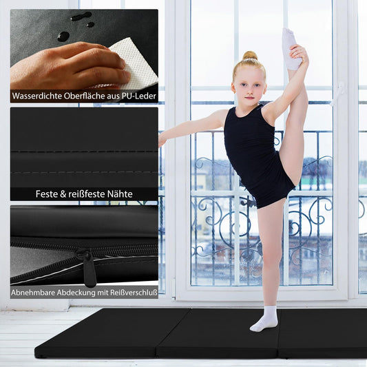 COSTWAY 240 x 120 x 5 cm soft floor mat, foldable gymnastics mat with Velcro closure and 2 handles, exercise mat, foldable mat, fitness mat for gymnastics, yoga, home training (black)