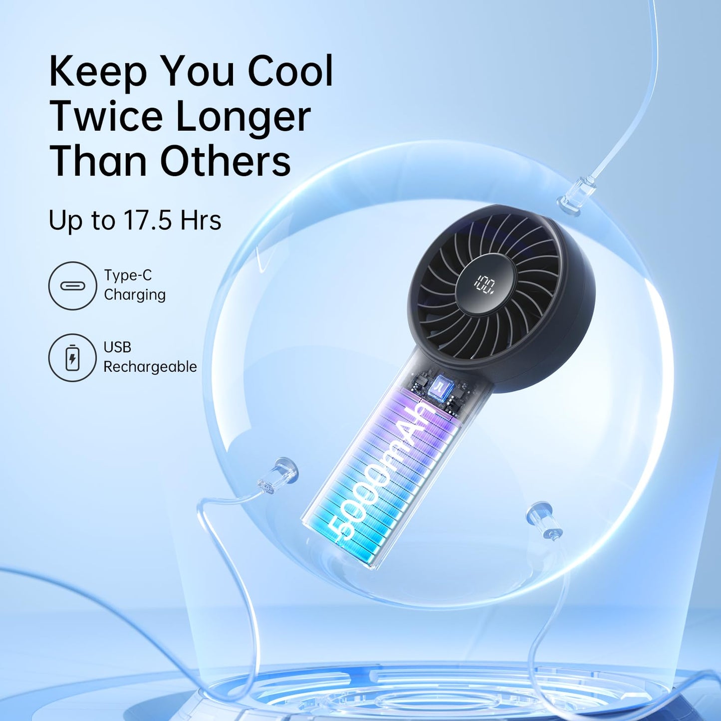 JISULIFE handheld fan, 5000mAh battery, upgraded portable fan with strong wind, USB rechargeable mini handheld fan with digital display, perfect for travel/beach/school (black)