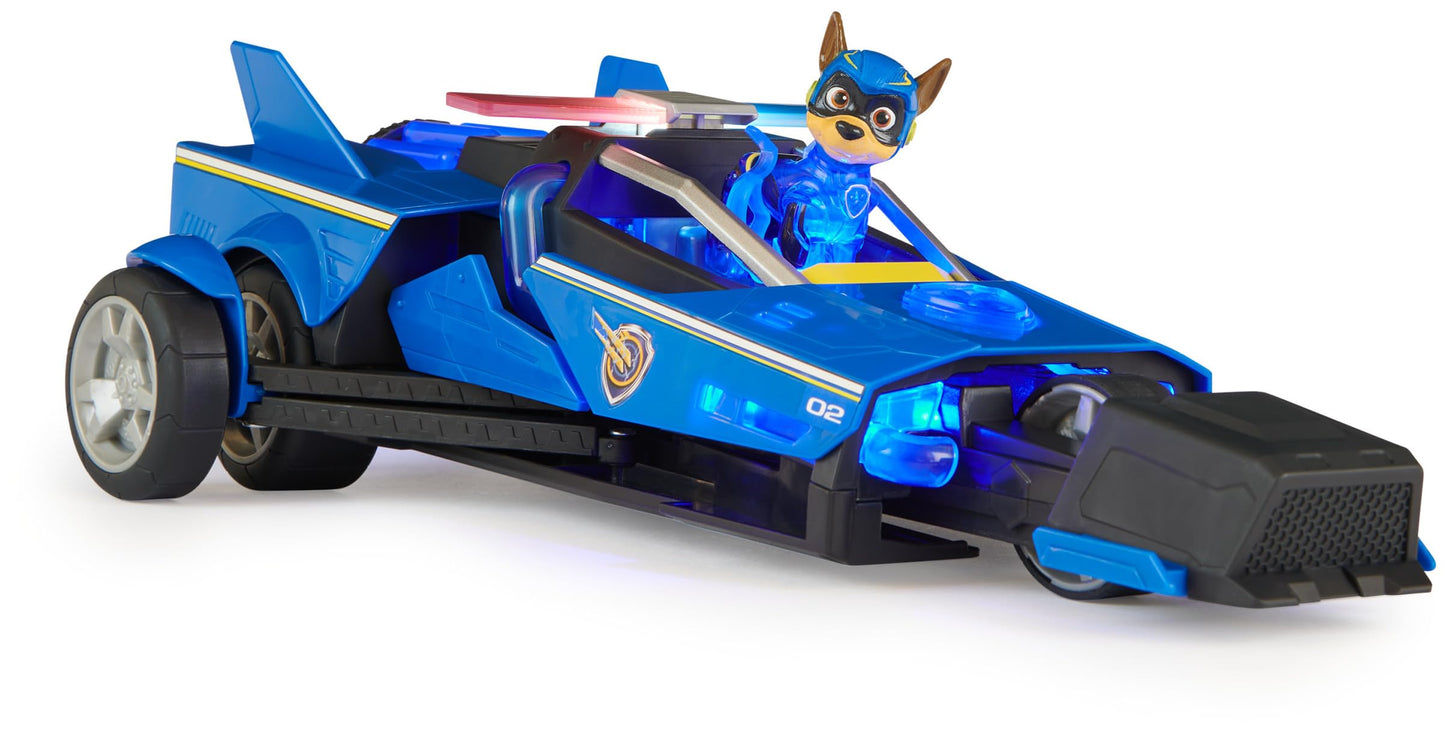 PAW PATROL: The Mighty Pups Movie, 40cm long Chase Deluxe Superhero Rocket Vehicle incl. Chase figure, lights and sounds, suitable for children aged 3 and up.