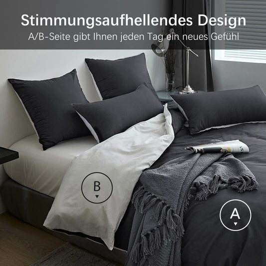 MILDLY bedding set 135x200 cotton anthracite, bedding sets 100% washed cotton with linen-like feel, OekoTex certified & suitable for allergy sufferers, 1 duvet cover & 1 pillow case 80x80.