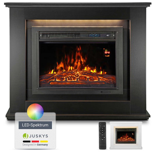 Juskys Electric Fireplace 1000/2000 W with heating, fireplace, flame effect, remote control, LED lighting & timer - Electric Fireplace Stand Fireplace black