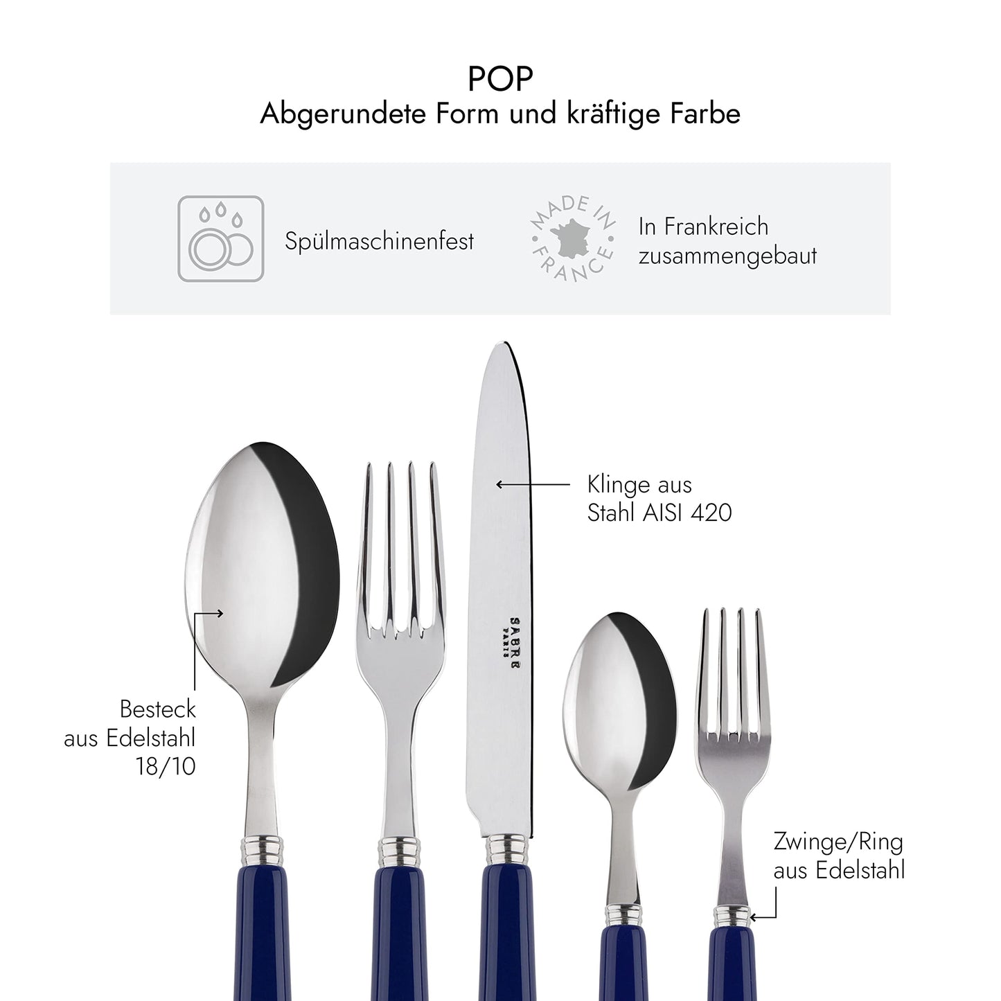 SABRE PARIS - Tableware Set, 5 pieces - Pop - Knife, Fork, Tablespoon, Teaspoon & Cake Fork - Stainless steel & Acrylic - Dishwasher safe - Navy Blue