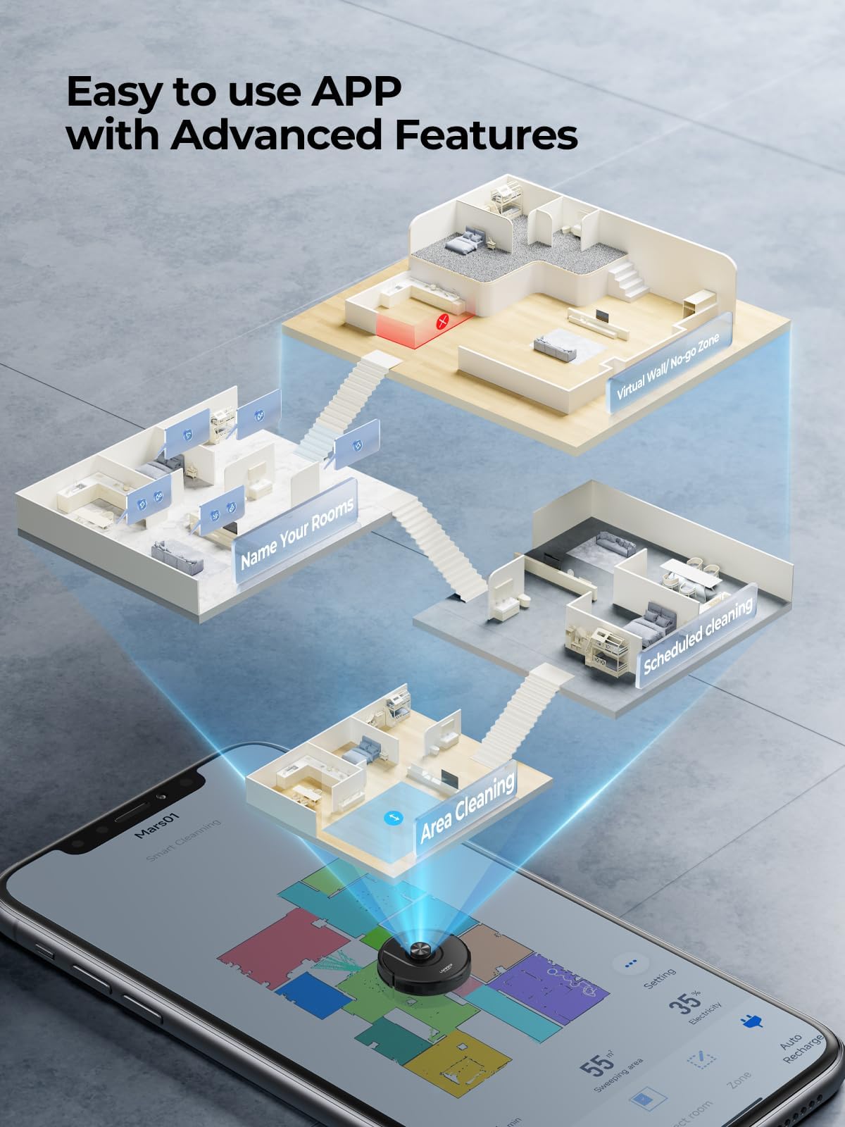 Laresar Clean robot vacuum with mopping function, LiDAR navigation, live map, 5000Pa suction power Mars01 up to 180min, perfect for pet hair, carpet, hard floors.
