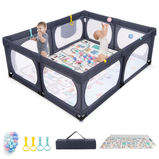 DREAMADE Playpen Baby, 189 x 158 cm Play Yard with Mattress & 4 Pull Rings & 50 Ocean Balls & Carrier Bag, Large Safety Gate for Babies & Toddlers 0-3 Years (with Mattress, Dark Grey)