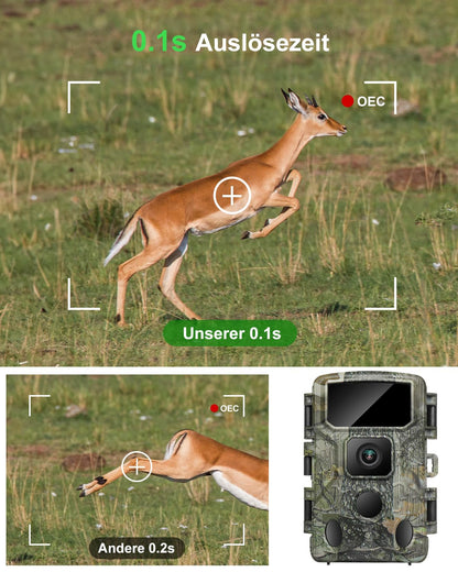 KJK wildlife camera with mobile transmission APP, 4K 64MP HD WLAN Bluetooth with 64GB memory card, motion sensor night vision camera, 0.1s trigger, IP67 waterproof, 130° wide angle