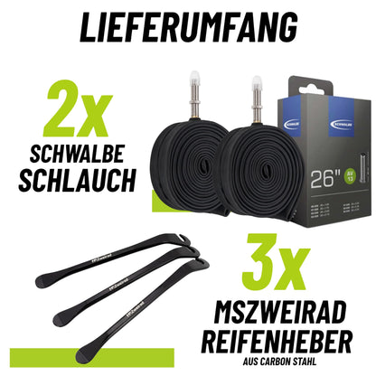 2 pack Schwalbe bicycle tube AV13 40mm 26 inch (40/62-559) including 3 MSZweirad tire levers