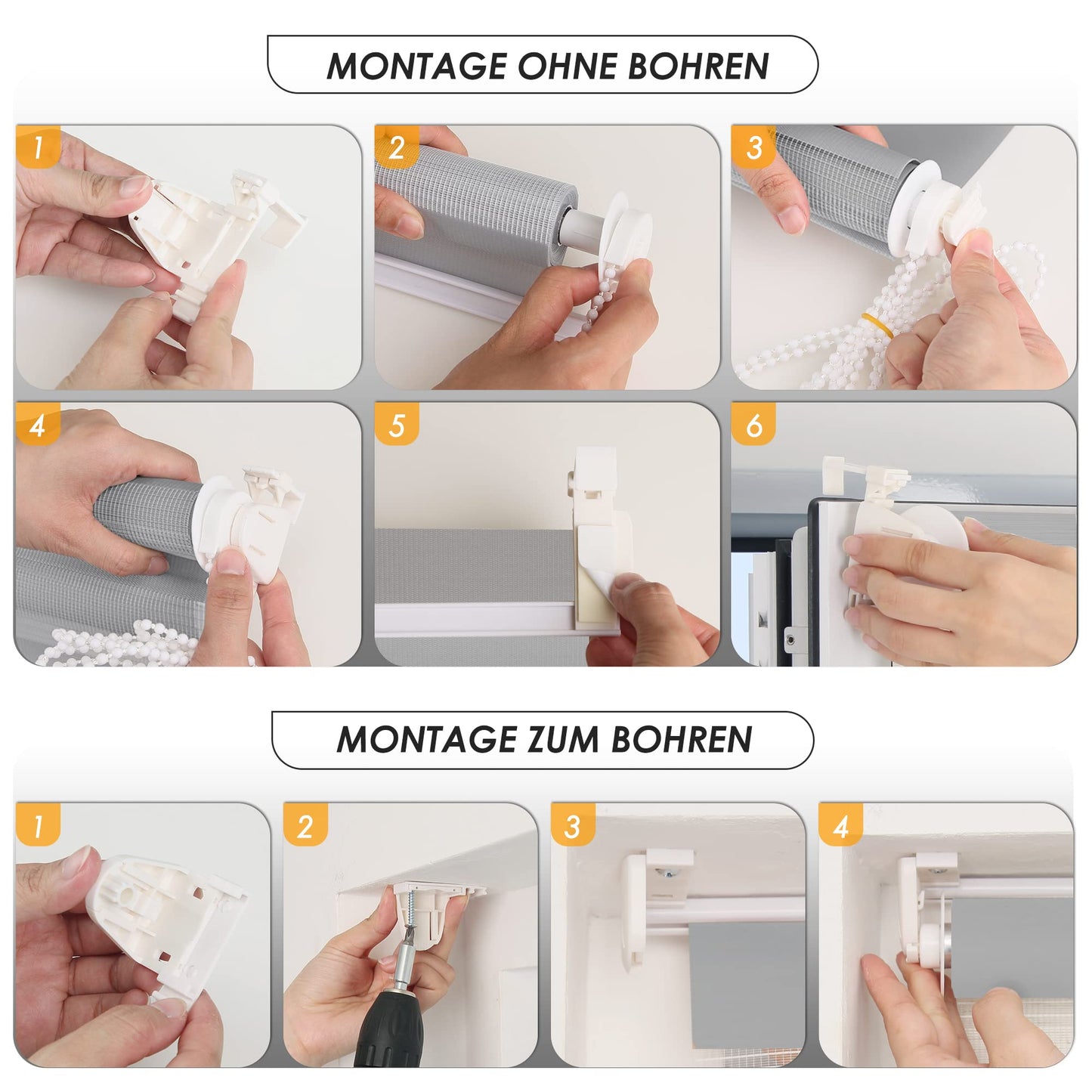 Double roller blind clamp fix without drilling & with drilling, 80x130cm (fabric width 76cm) White, 3-in-1 Duo Roller blind for windows & doors, window blind inside light-permeable & darkening, clamp blind blinds sun protection
