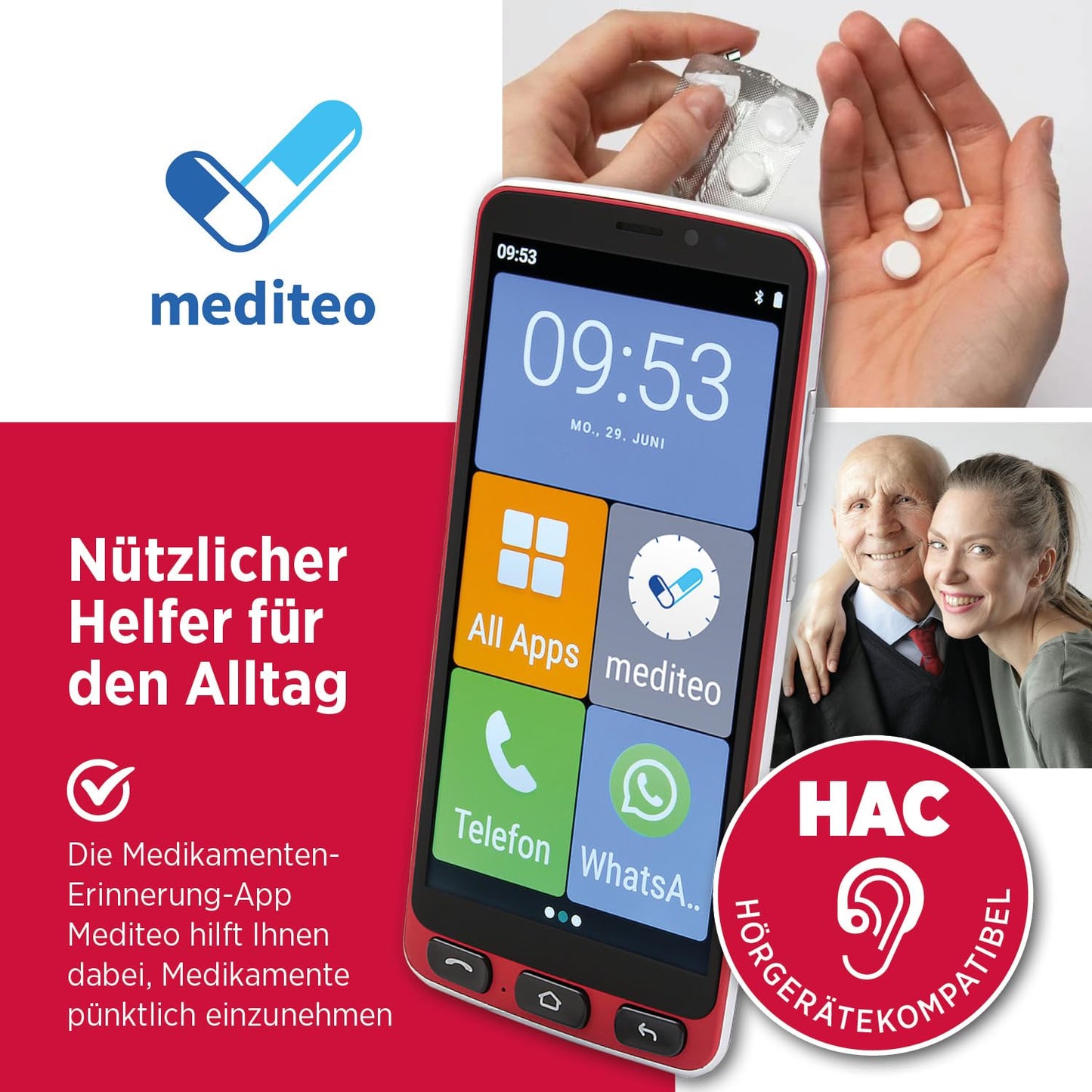 Olympia Neo 16GB senior smartphone | Extra large display | Hearing aid compatible | Emergency button | Senior smartphone 5.5" display | Whatsapp & Mediteo pre-installed | 8MP camera | Red