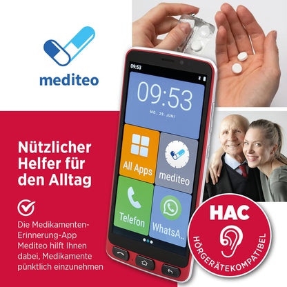 Olympia Neo 16GB senior smartphone | Extra large display | Hearing aid compatible | Emergency button | Senior smartphone 5.5" display | Whatsapp & Mediteo pre-installed | 8MP camera | Red