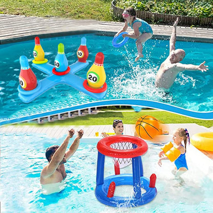 LAMOOER Inflatable Pool Basketball Toy, Bowling Cross Throw Set, Floating Swim Ring and Beach Ball Toss games, Summer Party, Fun Favors, Water Battle Game for Kids and adults.
