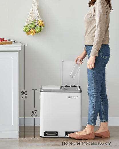 SONGMICS Kitchen Trash Cans, 2 x 15 liters, Waste Separation System 2 compartments, including 15 garbage bags, Trash can, Pedal bin, recyclable waste, organic waste, Soft-close lid, cloud white LTB30WT