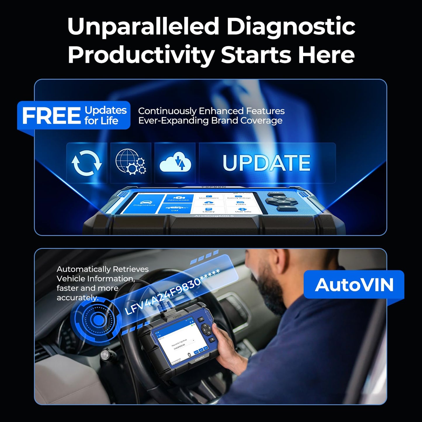 TOPDON Auto Diagnostic Tool ArtiDiag600S, 4 system diagnoses obd2 diagnostic tool for all vehicles, 9 reset services for oil, BMS, ABS, SAS, TPMS, throttle... lifelong free upgrades.