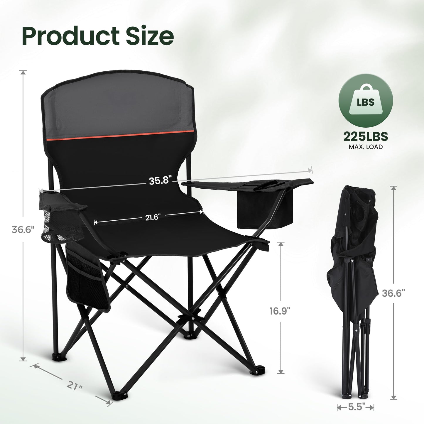 HIGH POINT SPORTS Folding Camping Chair 2-Pack up to 225 lbs Camping Chair with Drink Holders Foldable Camp Chair with Armrests Outdoor Chair (Black)