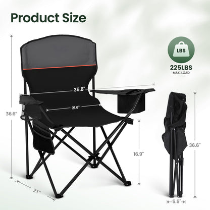 HIGH POINT SPORTS Folding Camping Chair 2-Pack up to 225 lbs Camping Chair with Drink Holders Foldable Camp Chair with Armrests Outdoor Chair (Black)
