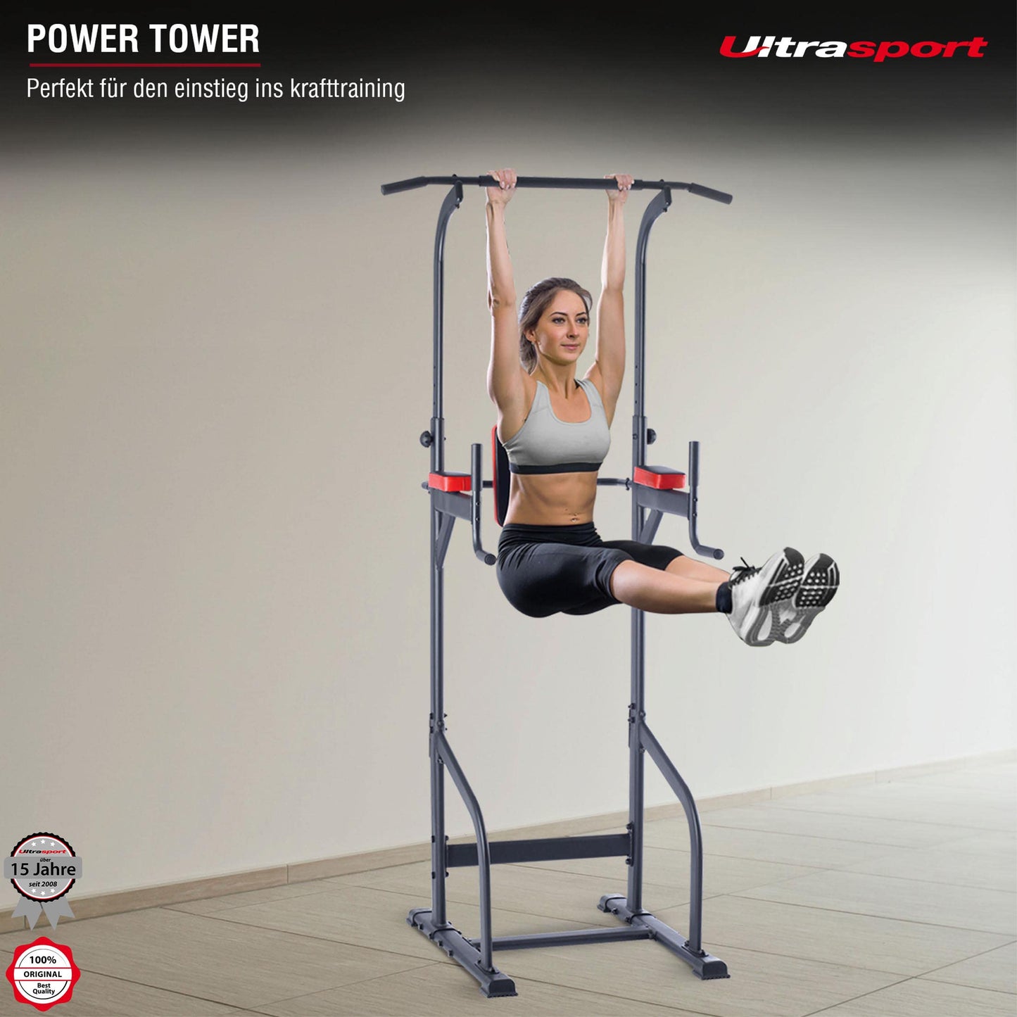 Ultrasport Power Tower, multifunctional fitness station for home use, dip station, pull-up bar, push-up handles, adjustable height, Black - Red.