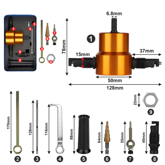 CPROSP Double Head Sheet Metal Nibbler, Metal Cutter for Cordless Drill, Metal Snip Adjustable, Nibbler Cutting Tool with Round Cut Attachment, Gold