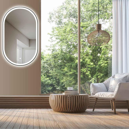 HOKO LED Design Bathroom Mirror oval 45x75 cm / 75x45 cm Brescia+ Black Metal Frame. VERTICAL+HORIZONTAL Installation. Lighted mirror, also Vanity Mirror+Touch Switch+Light Change-Warm White-Cool White-Neutral