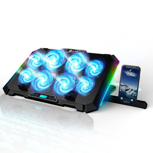 KLIM V8 Gaming Laptop Cooling Pad with 8 fans - New - Gaming Laptop Cooler - Stable RGB Notebook Stand with fans - Compatible up to 17" - 2 USB Ports - Phone holder - 5 years protection