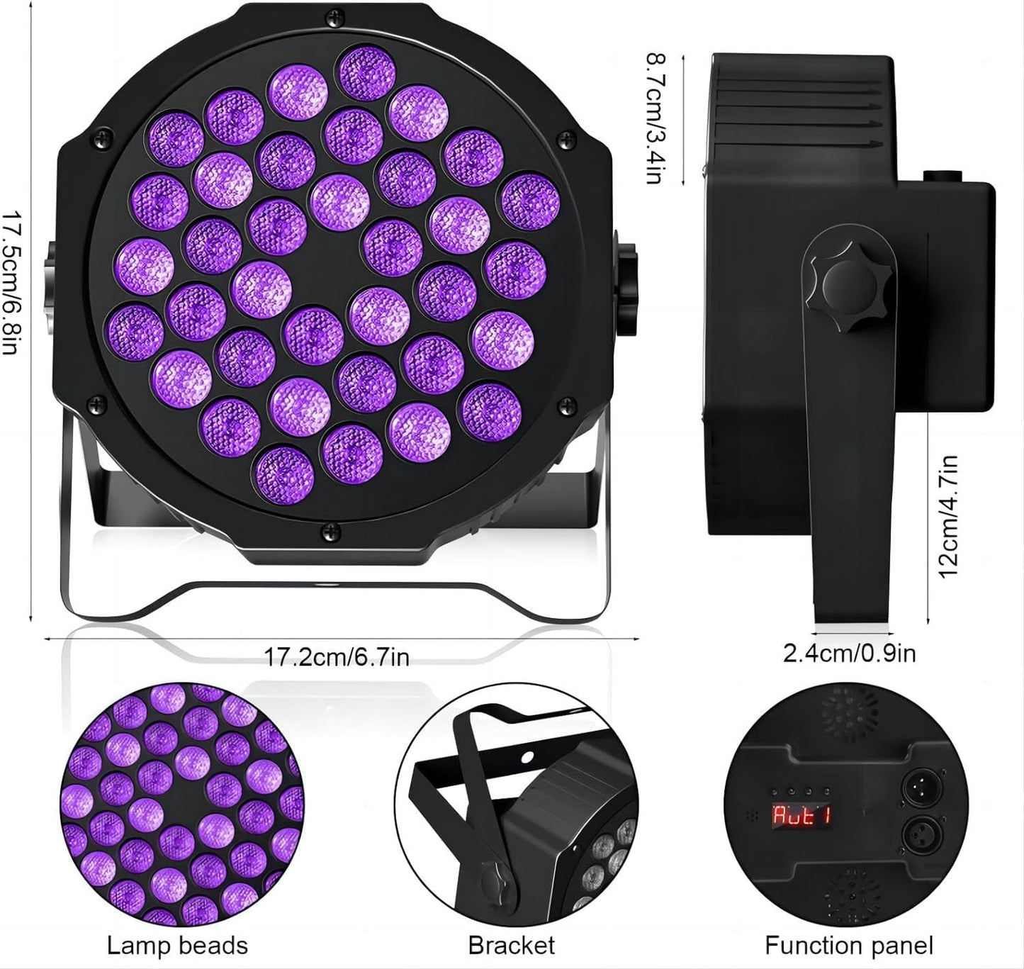 4 Blacklight UV Par Lights 36 LED DMX512 with remote control black light lamp with color changing via sound/auto disco light for DJ party bar Halloween wedding artistic photos.