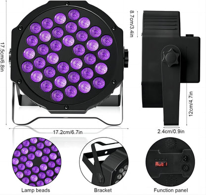 4 Blacklight UV Par Lights 36 LED DMX512 with remote control black light lamp with color changing via sound/auto disco light for DJ party bar Halloween wedding artistic photos.