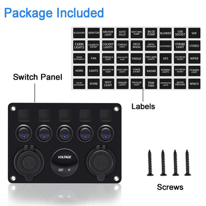5-speed switch panel, 12V/24V toggle switch panel IP65 waterproof LED voltmeter dual USB socket charger for car boat marine RV truck camper vehicles (blue)