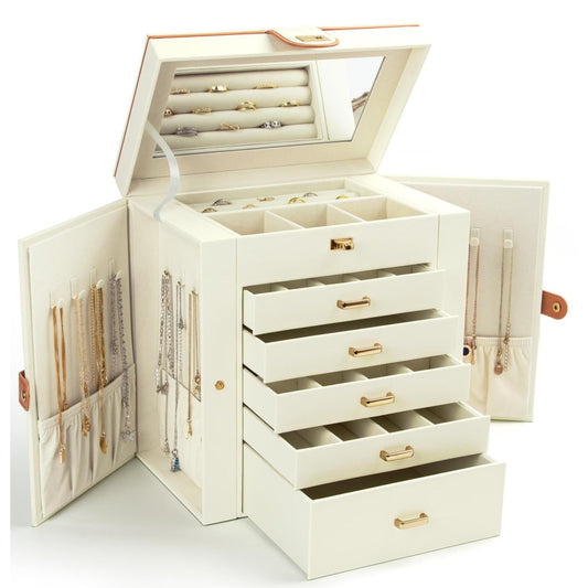 KAMIER 6-tier jewelry box made of fine natural wood with luxurious flannel and large mirror - Spacious jewelry case with side-opening doors for rings, earrings & bracelets, White