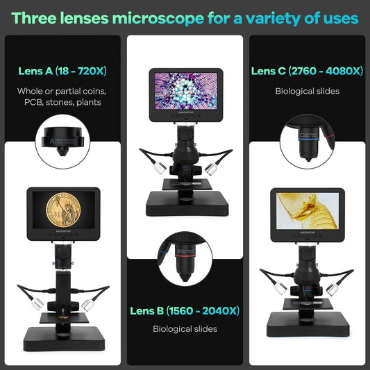 Andonstar AD246S-P HDMI digital microscope with 7-inch screen, 4000 x 2160P UHD video recording, 3 lens for coin errors, biological microscope kit for adults.