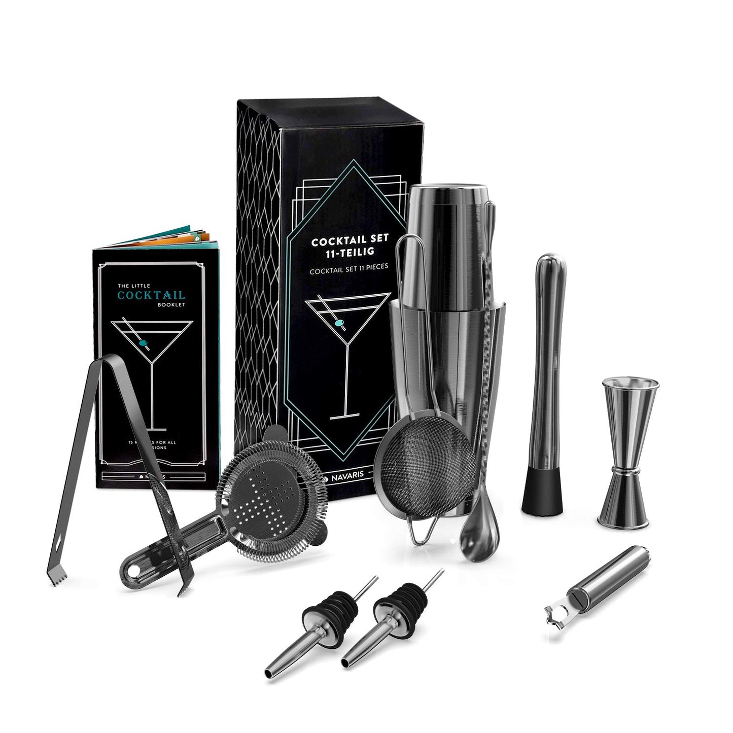 Navaris Cocktail Set Cocktail Shaker Mixer - 11-piece mixer set - accessories for cocktails like a pro - bar tools including recipe book