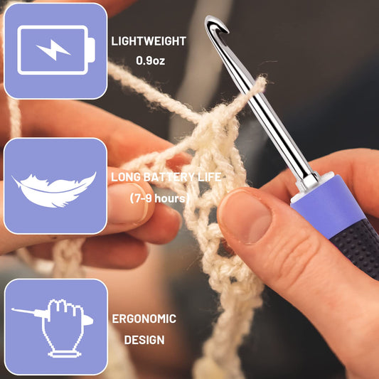 LED Crochet Hook Set, 12-in-1 rechargeable illuminated crochet hook set, with small screwdriver, travel zipper case (interchangeable crochet head sizes 2.0-8 mm)
