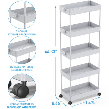 SPACEKEEPER 5-Tier Kitchen Cart, Rolling Storage Cart Shelving Unit on Wheels, Space-Saving Bathroom and Kitchen Shelf for Kitchen Office Bathroom, 113 x 40 x 22cm, Gray.