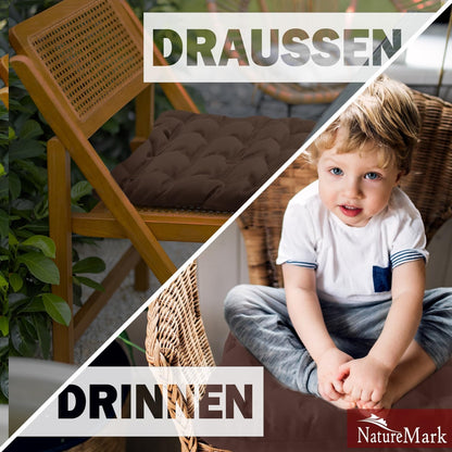 NatureMark 4-piece set chair cushions with ties 40x40 cm - Filled seat cushions, suitable for outdoor & indoor use - Chocolate brown