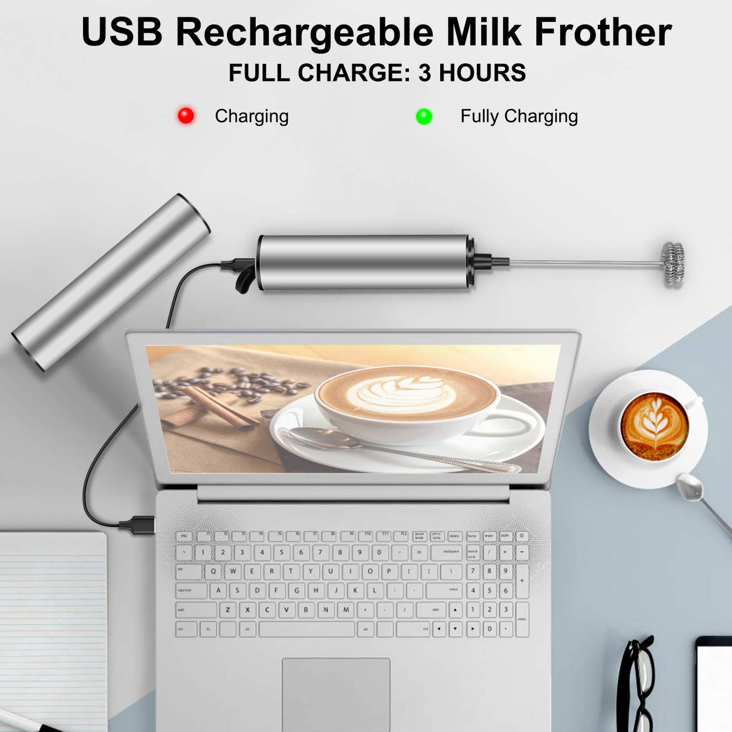 MOSUO Electric Milk Frother, rechargeable, USB and mini hand mixer with dual whisks, stainless steel mixer for coffee, cream, cappuccino, latte, cocktails, juice.
