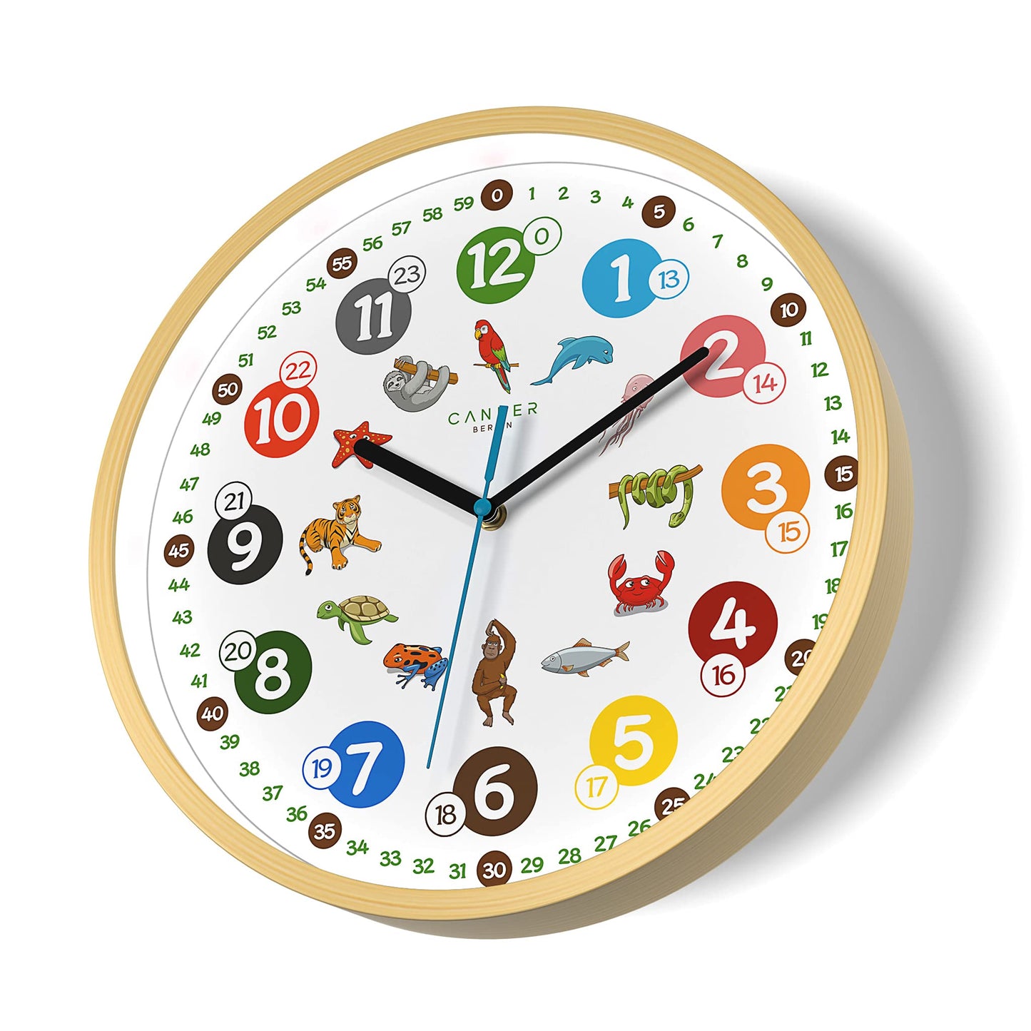 Cander Berlin MNU 2430 T Wooden Kids Wall Clock 30.5 cm Animal Learning Clock Silent Analog Wood Frame Nursery Non-ticking for Boys Girls