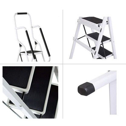 3-step folding step ladder with handrail. Compact, sturdy design features high-quality steel steps with non-slip treads for use at home, in the office, or in the kitchen.