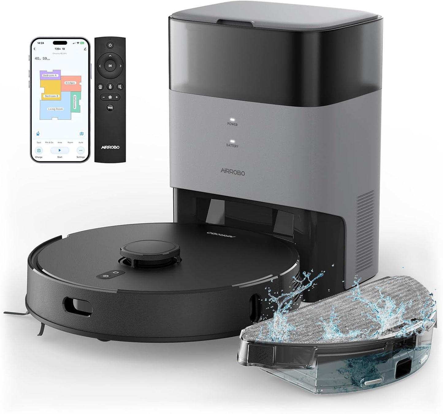 AIRROBO T20+ robot vacuum with mop function, 3.5L dustbin, automatic emptying station, 180min runtime, LiDAR navigation, strong suction power for carpets and pet hair, APP control.