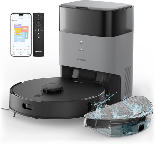 AIRROBO T20+ robot vacuum with mop function, 3.5L dustbin, automatic emptying station, 180min runtime, LiDAR navigation, strong suction power for carpets and pet hair, APP control.