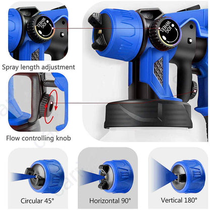 550W Paint Sprayer Electric Spray Gun with 3 spray patterns, 800ml capacity, 100-450ml/Min, adjustable airflow, and color control.