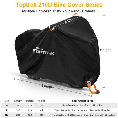 Toptrek bike cover made of 210D Oxford fabric for outdoor use. High-quality cover with lock holes and sun protection. Tear-resistant and includes a storage bag. Fits 3 bikes, dimensions 220x120x110cm.