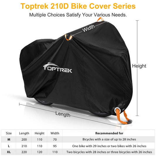 Toptrek bike cover made of 210D Oxford fabric for outdoor use. High-quality cover with lock holes and sun protection. Tear-resistant and includes a storage bag. Fits 3 bikes, dimensions 220x120x110cm.