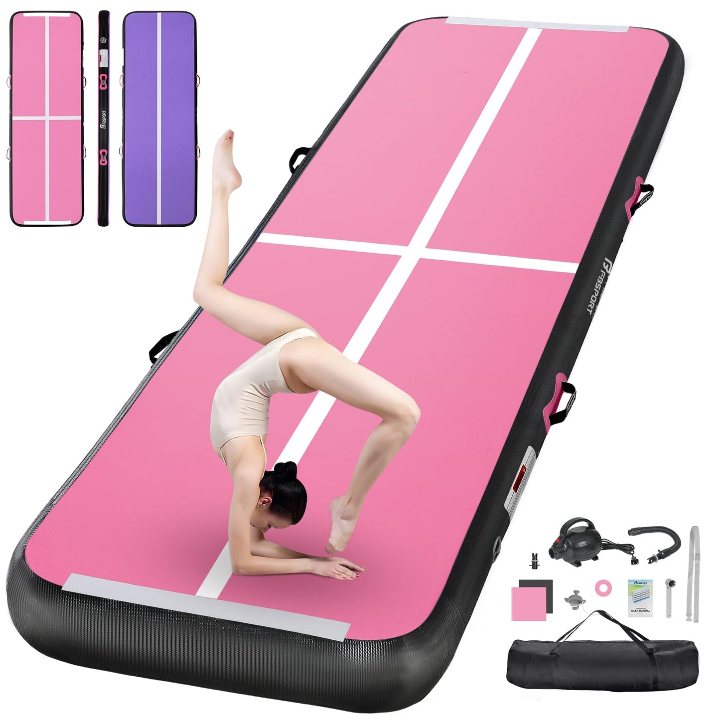 FBSPORT Airtrack mat, 10cm thick 4m tumbling mat, gymnastics mat with air pump, training mat with carrying bag, jogging mat for home, outdoor, yoga