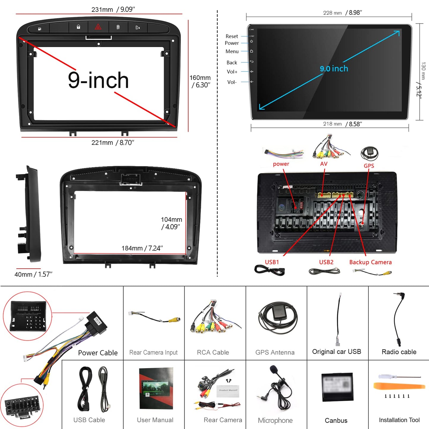 Podofo Android car radio GPS for Peugeot 308 408 2007-2015, 9" touchscreen, WiFi, Bluetooth, FM RDS radio, mirror link, USB, car navigation, video stereo player for Peugeot 308 + rear camera