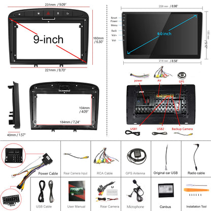 Podofo Android car radio GPS for Peugeot 308 408 2007-2015, 9" touchscreen, WiFi, Bluetooth, FM RDS radio, mirror link, USB, car navigation, video stereo player for Peugeot 308 + rear camera