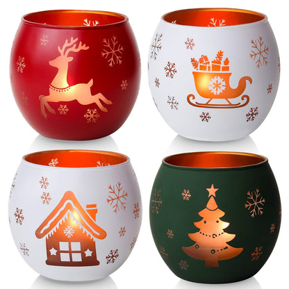 Set of 4 glass candle holders with laser engraving - small tealight holder, Christmas decoration, winter decor for table, windowsill, garden.