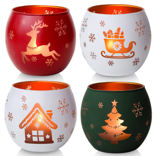 Set of 4 glass candle holders with laser engraving - small tealight holder, Christmas decoration, winter decor for table, windowsill, garden.