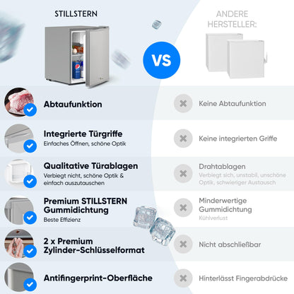 Silentstar Mini Fridge E 45L with automatic defrost, lock, freezer compartment, quiet, ideal for kitchen, office, bedroom, hotels and small apartments. Small fridge minibar drinks fridge silver.