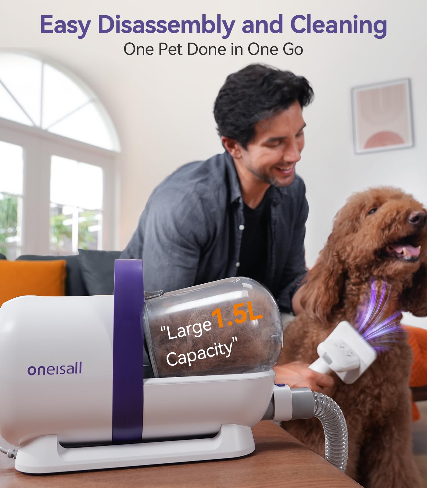 oneisall dog vacuum cleaner with brush, super suction power of 12000Pa, pet hair vacuum cleaner by brush with one button, pet hair remover with 4 grooming tools, 1.5L